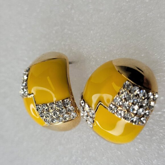 Yellow And Gold Oval  Earrings with Clear Crystals Small Yellow Earrings - Picture 5 of 8